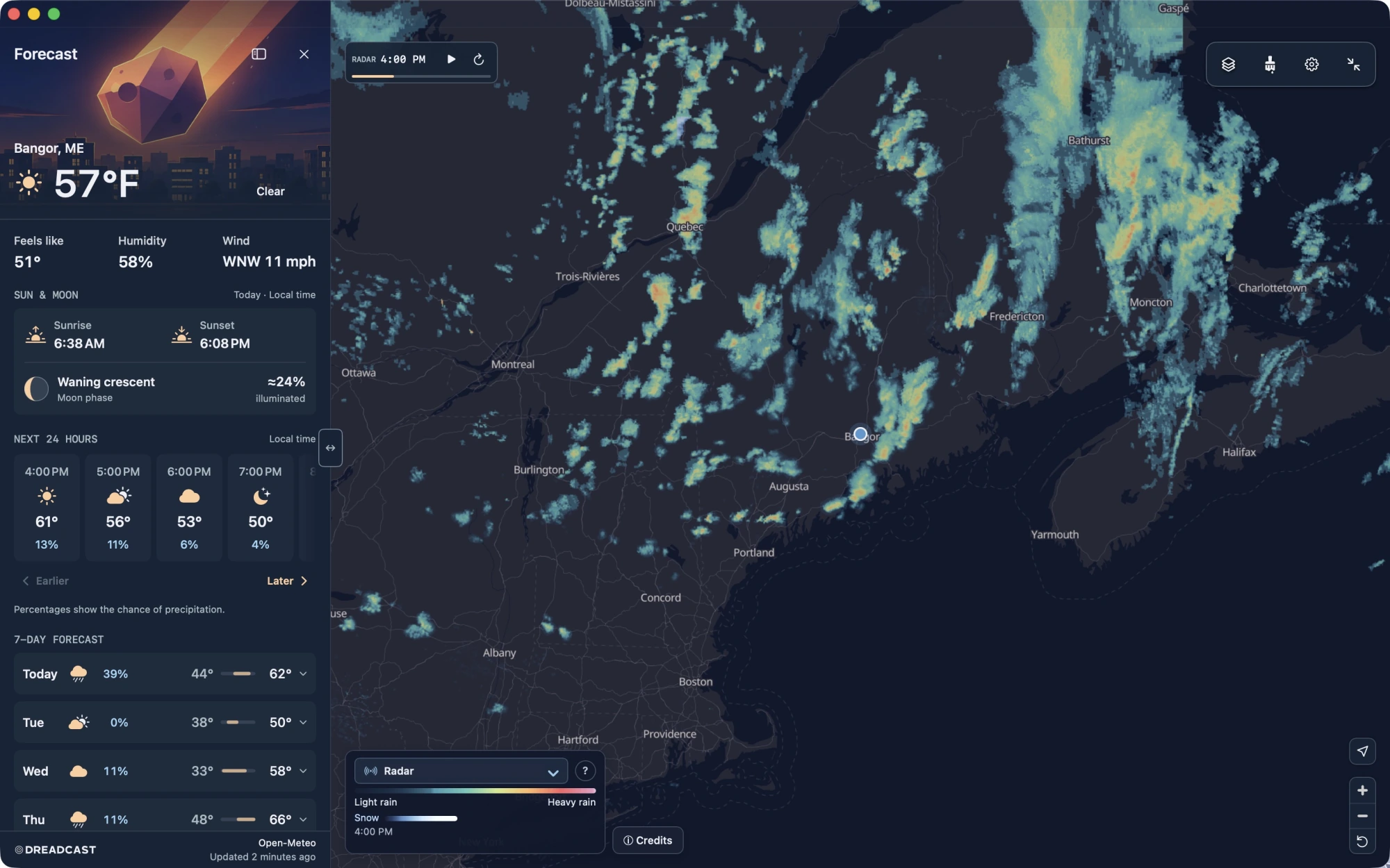 Native Dreadcast window with Asteroid Watch at night in the Forecast sidebar and active radar around Bangor, Maine, with wind particles turned off.