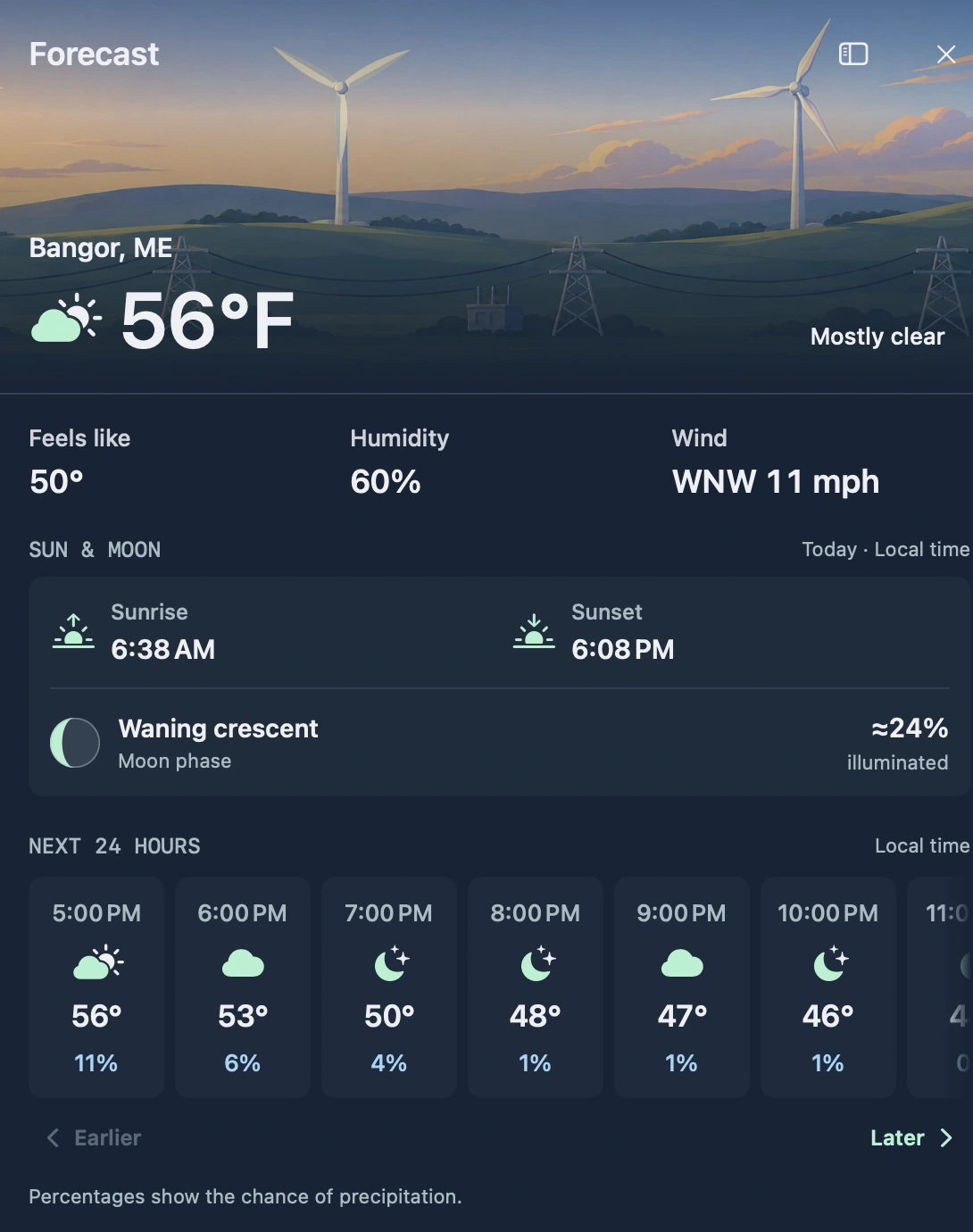 Native Forecast sidebar with Solar Tantrum dawn artwork, current conditions, sun and moon, and the hourly forecast.